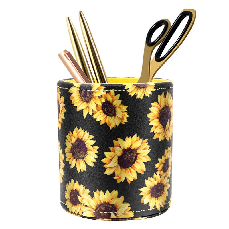 WAVEYU Pen Holder, Pencil Cup Desk for Women Girls, Luxury Makeup Brush Holder Large Pu Leather Multi-Functional Organizer Cup for Office, Classroom, Home, Sunflower - Image 1